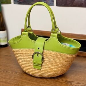 Green Straw Tote Bag with Buckle Accent